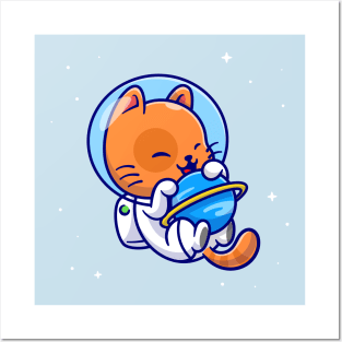 Cute Cat Astronaut Hug Planet In Space Cartoon Posters and Art